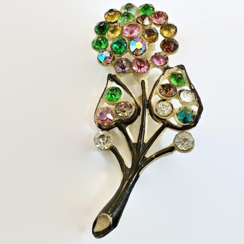 Vintage Celluloid Flower Brooch: Rhinestones, 30s, 40s, Vintage Plastic